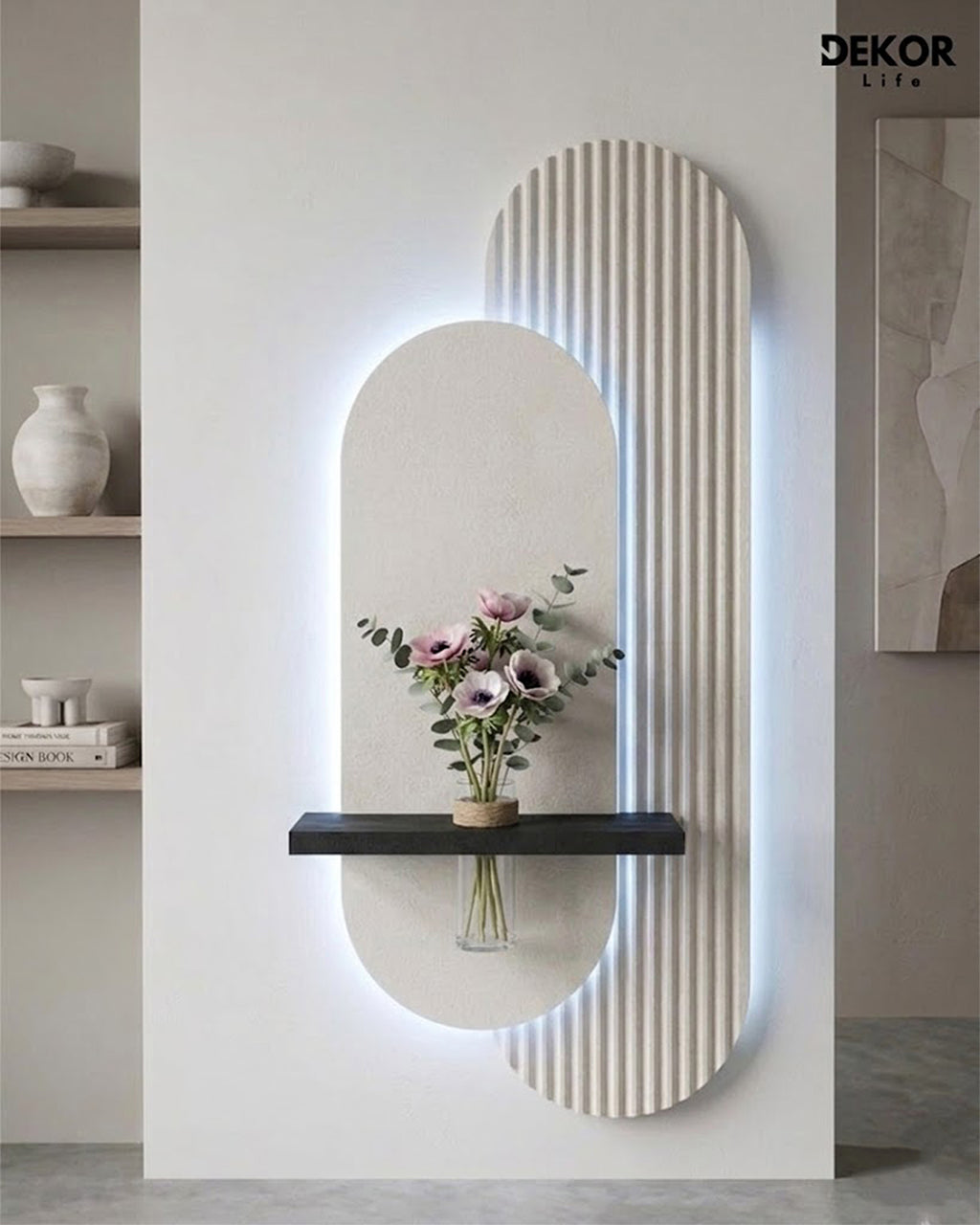 40×90 CM Oval Modern Ledli Duvar Tablosu | Dekoratif Panel | Gizli Aydınlatmalı | Pütürlü Doku