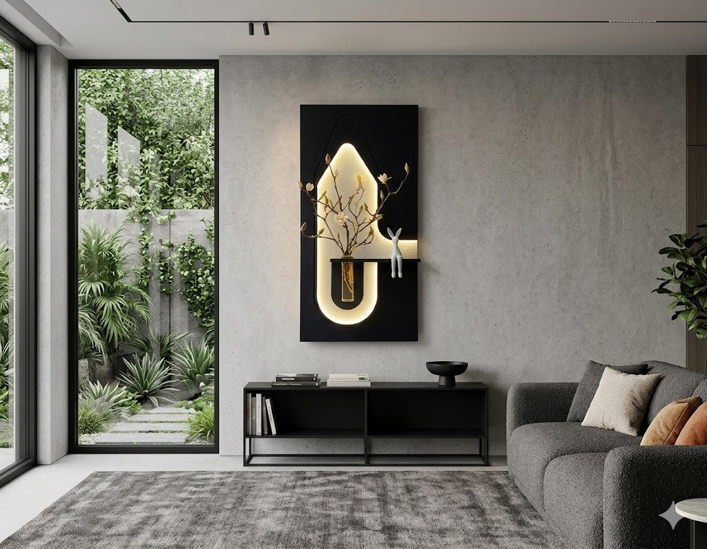 50×90 CM Oval Modern Ledli Duvar Tablosu | Dekoratif Panel | Gizli Aydınlatmalı | Pütürlü Doku