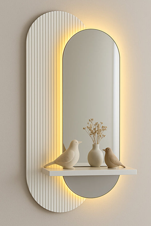 40x90 CM Pleksi Ayna Lüks Modern LED Duvar Dekoru – Raflı Tasarım – Uzaktan Kumandalı Ambiyans Işığı