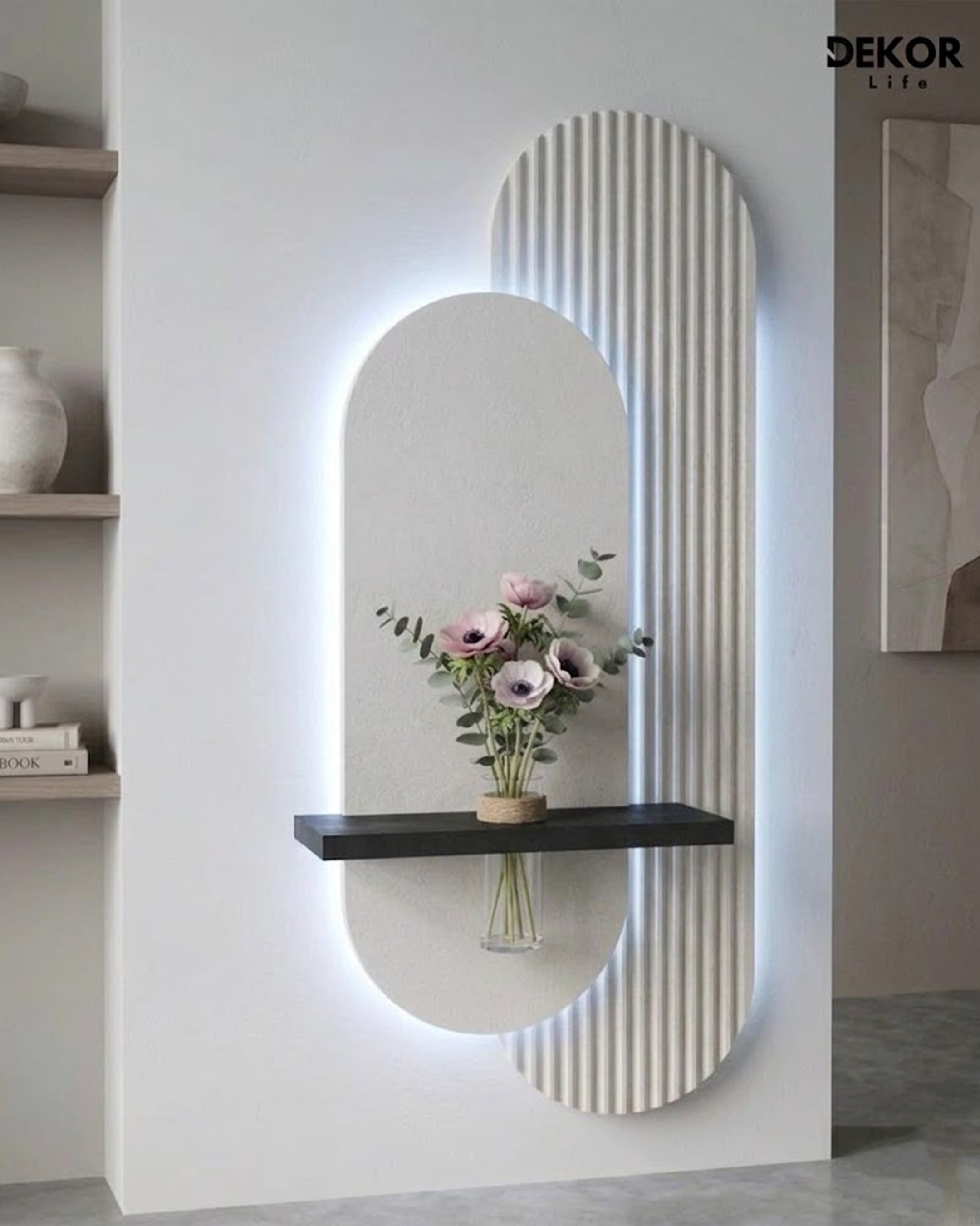 40×90 CM Oval Modern Ledli Duvar Tablosu | Dekoratif Panel | Gizli Aydınlatmalı | Pütürlü Doku