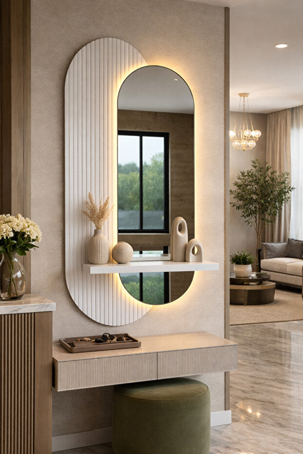 40x90 CM Pleksi Ayna Lüks Modern LED Duvar Dekoru – Raflı Tasarım – Uzaktan Kumandalı Ambiyans Işığı