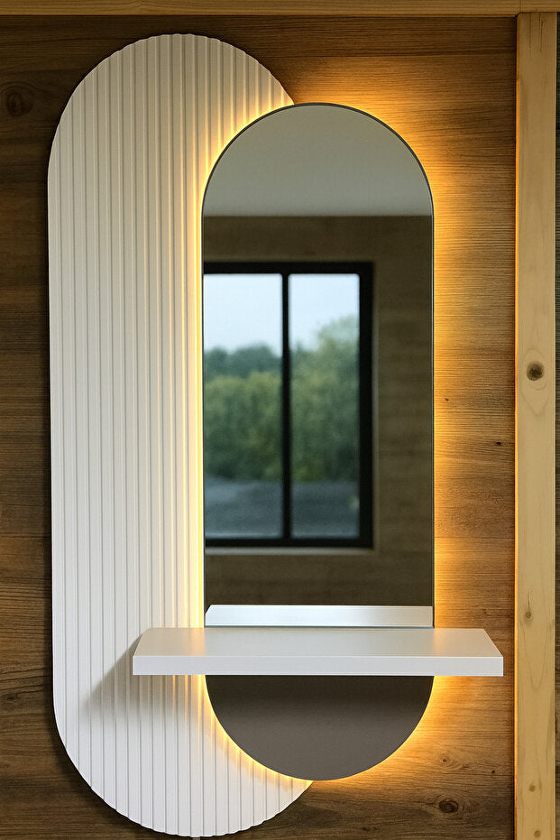 40x90 CM Pleksi Ayna Lüks Modern LED Duvar Dekoru – Raflı Tasarım – Uzaktan Kumandalı Ambiyans Işığı