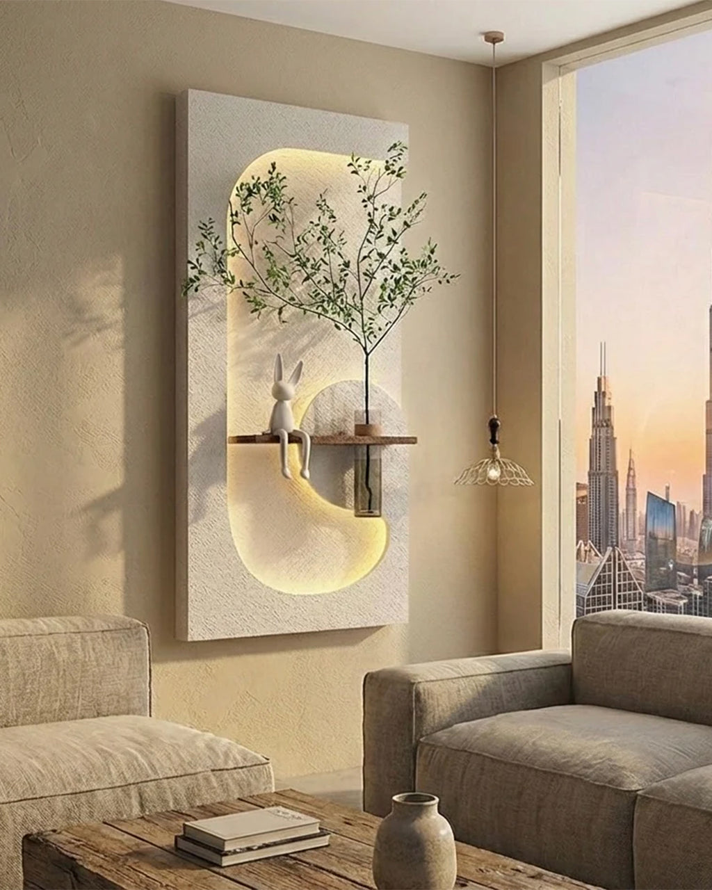 Pilli LED’li İskandinav Tarzı Dekoratif Duvar Tablosu 40x70 cm Pütürlü Doku