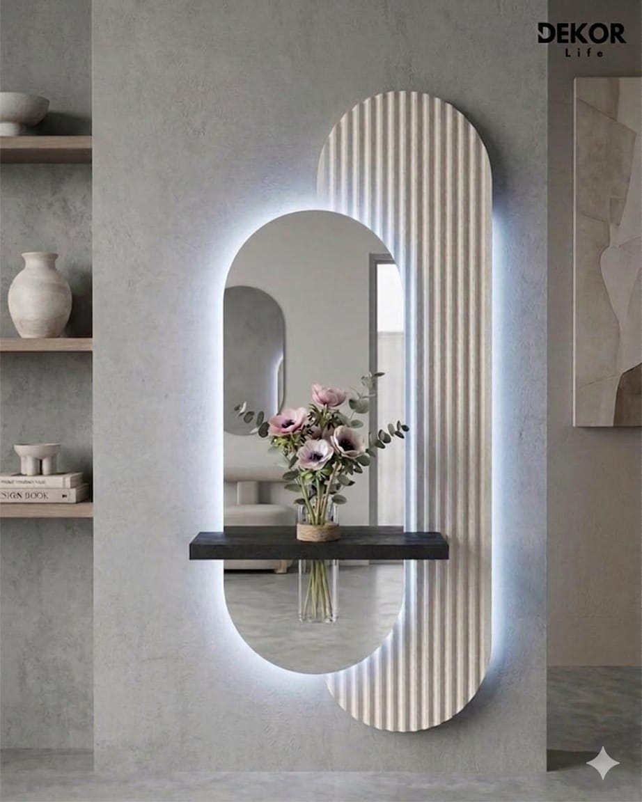 40x90 CM Pleksi Ayna Lüks Modern LED Duvar Dekoru – Raflı Tasarım – Uzaktan Kumandalı Ambiyans Işığı